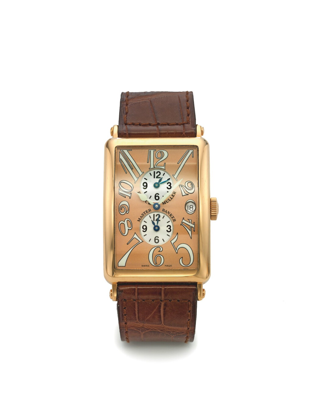 View full screen - View 1 of Lot 84. FRANCK MULLER | REF 1200 MASTER BANKER LONG ISLAND, A PINK GOLD RECTANGULAR AUTOMATIC TRIPLE TIME WRISTWATCH WITH DATE CIRCA 2010.