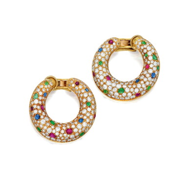View full screen - View 1 of Lot 92. Cartier | Pair of Colored Stone and Diamond Earclips.