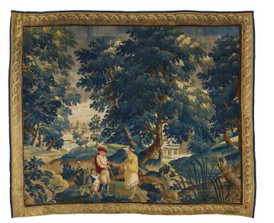 View full screen - View 1 of Lot 6. ‘The Gypsy Fortune Teller’, A Flemish ‘Country Life’, landscape tapestry, after David II Teniers, Oudenaarde or Lille, first quarter 18th century.