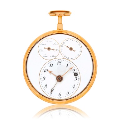View full screen - View 1 of Lot 152. A gold pocket chronometer with centre seconds, day and date indication Circa 1800.