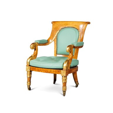View full screen - View 1 of Lot 207. A Regency lacquered plumpudding maple armchair, circa 1810 | Fauteuil de bureau en érable moucheté rechampi or d'époque Regency, vers 1810.