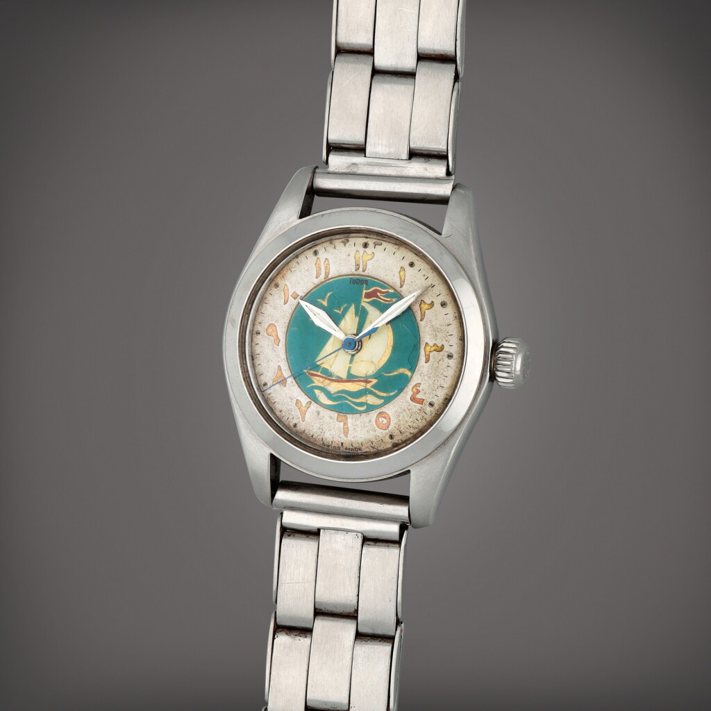 View full screen - View 1 of Lot 442. Oyster, Reference 7802 | A stainless steel wristwatch with enamel depicting a sailing boat and arabic numerals | Circa 1950.