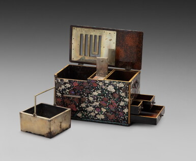 View full screen - View 1 of Lot 219. A lacquer and mother-of-pearl inlaid miniature kodansu Japan, 19th century | 日本 十九世紀 嵌寶花卉紋漆盒.