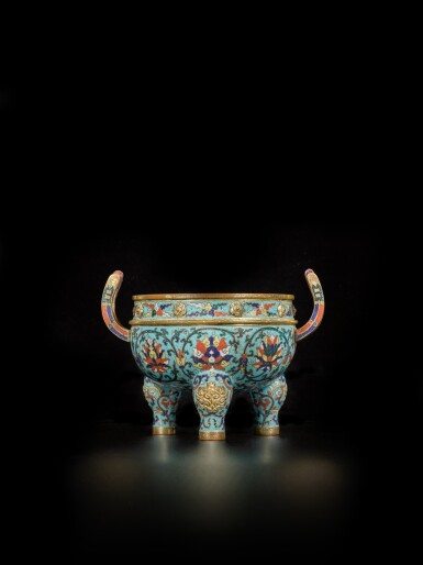 View full screen - View 1 of Lot 236. A cloisonné enamel tripod incense burner, Early Ming dynasty .