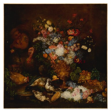 View full screen - View 1 of Lot 525. FELICE FORTUNATO BIGGI, CALLED 'FELICE DEI FIORI' | STILL LIFE OF FLOWERS AND BIRDS WITH THE FIGURE OF A PUTTO.