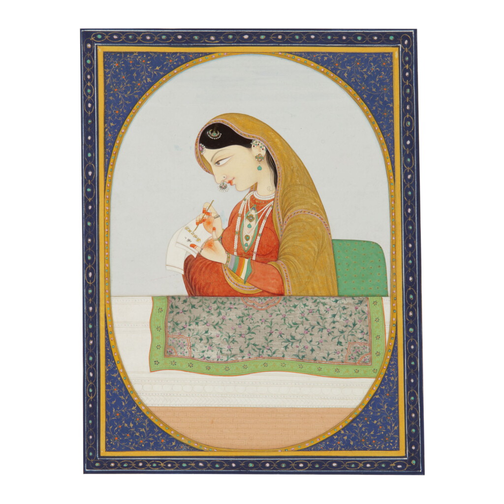 View full screen - View 1 of Lot 374. A MAIDEN AT A WINDOW WRITING A LETTER, INDIA, KANGRA, CIRCA 1840 .