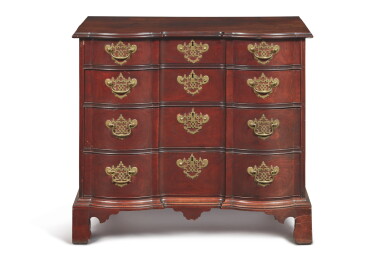 View full screen - View 1 of Lot 1698. CHIPPENDALE FIGURED MAHOGANY BLOCK FRONT CHEST OF DRAWERS, BOSTON, MASSACHUSETTS, CIRCA 1770.