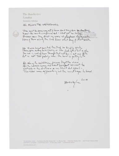 View full screen - View 1 of Lot 36. Bob Dylan | "All Along the Watchtower" in Dylan's own hand.