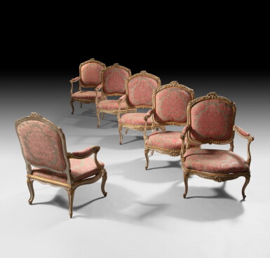 View full screen - View 1 of Lot 91. A set of six Louis XV cream painted and parcel gilt wood fauteuils à chassis, circa 1760, stamped I.B LEBAS | Suite de six larges fauteuils à châssis en bois laqué crème et rechampi or d'époque Louis XV, vers 1760, estampillés I. B LEBAS.
