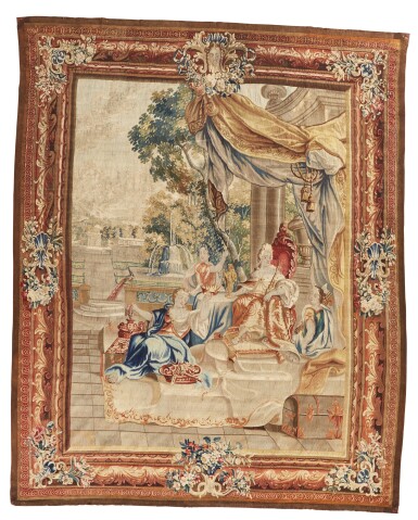 View full screen - View 1 of Lot 15. A Flemish Classical Tapestry, 'Oriana receiving war booty from Amadis, in King Lisuart's castle', from the story of Amadis and Oriana,after design by Louis van Schoor and Pieter Spierincx, Brussels, 18th century.
