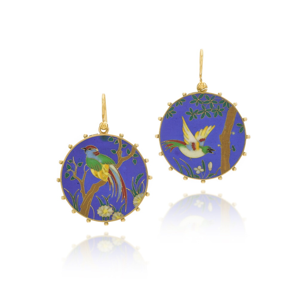 View full screen - View 1 of Lot 87. Japonisme gold and enamel earrings, circa 1870. .
