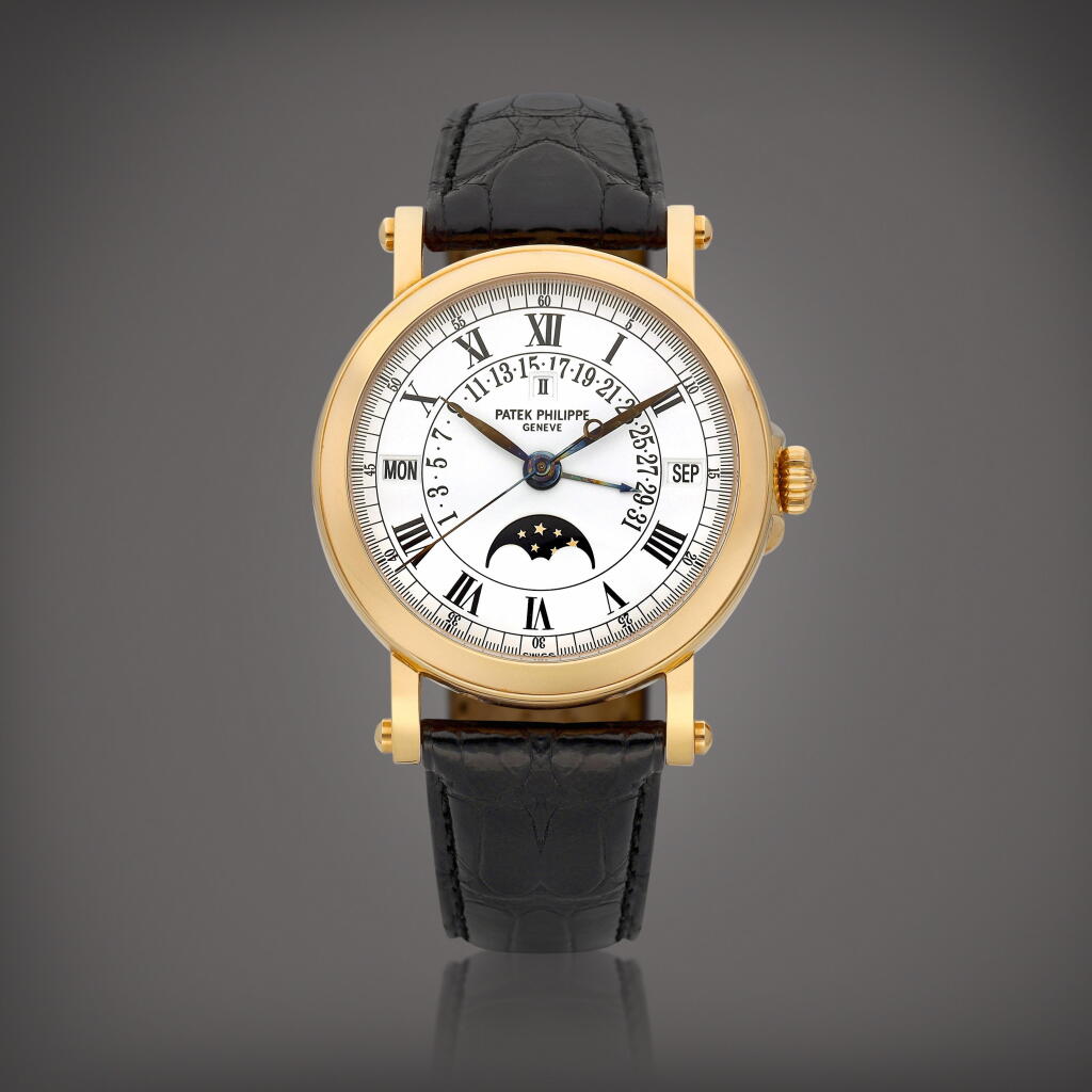 View full screen - View 1 of Lot 8619. Reference 5059 | A pink gold perpetual calendar wristwatch with retrograde date, moon phases and leap year indication, Circa 2001 | 百達翡麗 | 型號5059 | 粉紅金萬年曆腕錶,備逆跳日期、月相及閏年顯示,約2001年製.
