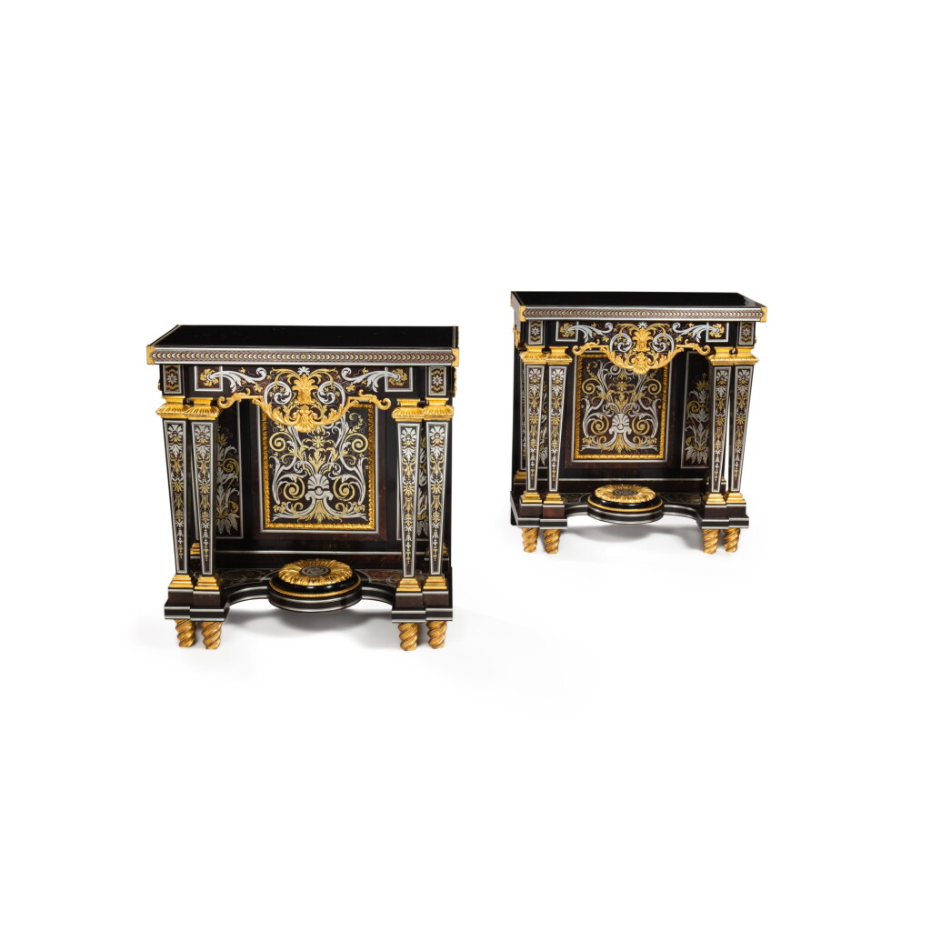 View full screen - View 1 of Lot 64. A pair of gilt-bronze-mounted première-partie Boulle marquetry console tables attributed to André-Charles Boulle, partly Louis XIV and adapted in the second half of the 18th century by Etienne Levasseur, both stamped E. Levasseur and JME.