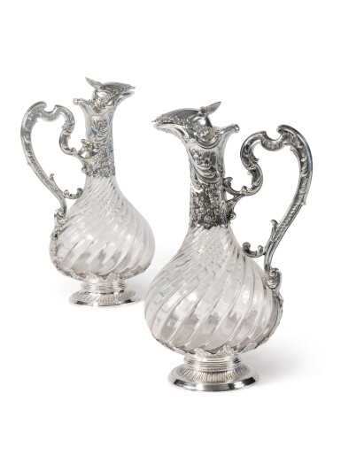 View full screen - View 1 of Lot 341. A PAIR OF FRENCH SILVER-MOUNTED CUT-GLASS CLARET JUGS, MAKER'S MARK LP, PARIS, CIRCA 1900.