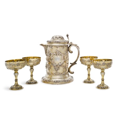 View full screen - View 1 of Lot 2. The Molyneux Cup, Liverpool Races, July 1861. A large Victorian silver-gilt ewer and four silver-gilt cups, the ewer Charles Thomas Fox & George Fox, London, 1859; the cups George Fox, London, 1861.