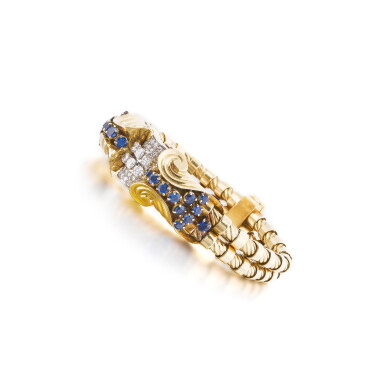 View full screen - View 1 of Lot 98. Montre bracelet de dame saphirs et diamants | Lady's sapphire and diamond bracelet watch.