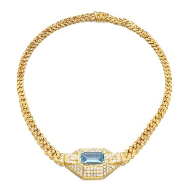 View full screen - View 1 of Lot 871. Gold, aquamarine and diamond necklace.