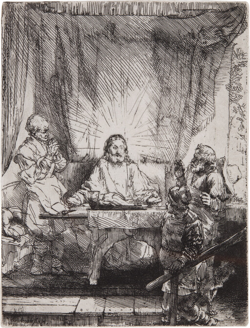 View full screen - View 1 of Lot 67. Christ at Emmaus: The Larger Plate (B., Holl. 87; New Holl. 283; H. 282).