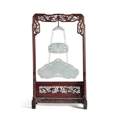 View full screen - View 1 of Lot 664. A three-tier lavender and green jadeite hanging chime, 20th century | 二十世紀 翠玉雕仿古磬.