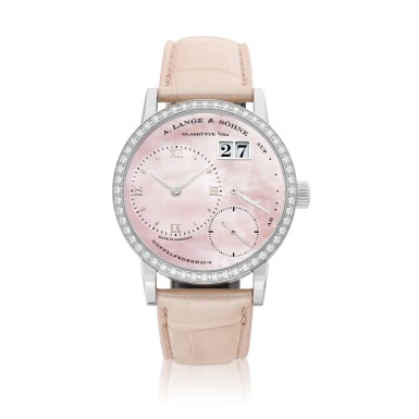 View full screen - View 1 of Lot 2229. Little Lange 1, Reference 813.035/LS1133WY | A limited edition white gold and diamond-set wristwatch with digital date display, power reserve indication and mother-of-pearl dial, Circa 2005 | 朗格 | Little Lange 1 型號813.035/LS1133WY | 限量版白金鑲鑽石腕錶,備數位日期、動力儲備顯示及珠母貝錶盤,約2005年製.