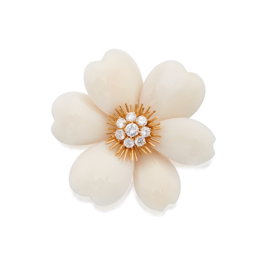 View full screen - View 1 of Lot 84. Van Cleef & Arpels | White Coral and Diamond 'Rose de Noël' Clip-Brooch, France.
