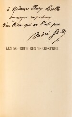Les Nourritures terrestres. Paris, 1897. In-12. Reliure de Loutrel. Édition originale. Un des 5 exemplaires de tête sur Japon. Précieux exemplaire sur japon enrichi d’un bel envoi à Madame Henry Lerolle.