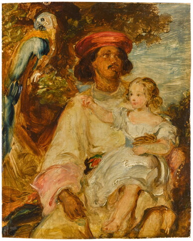 View full screen - View 1 of Lot 140. Study for a portrait of a young girl with an Indian page and parrot.