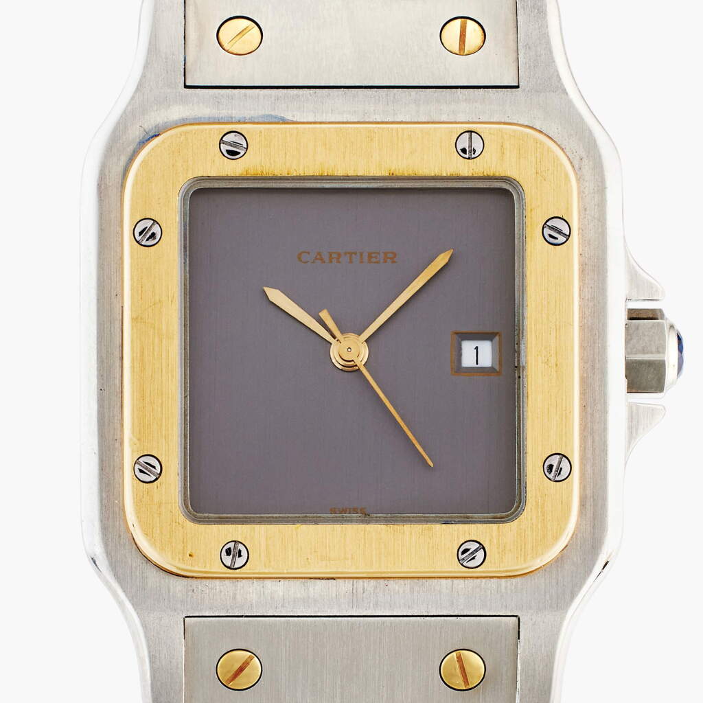 View full screen - View 1 of Lot 90. Reference 2961 Santos Carrée | A yellow gold and stainless steel square shaped automatic wristwatch with date and bracelet, Circa 1990.