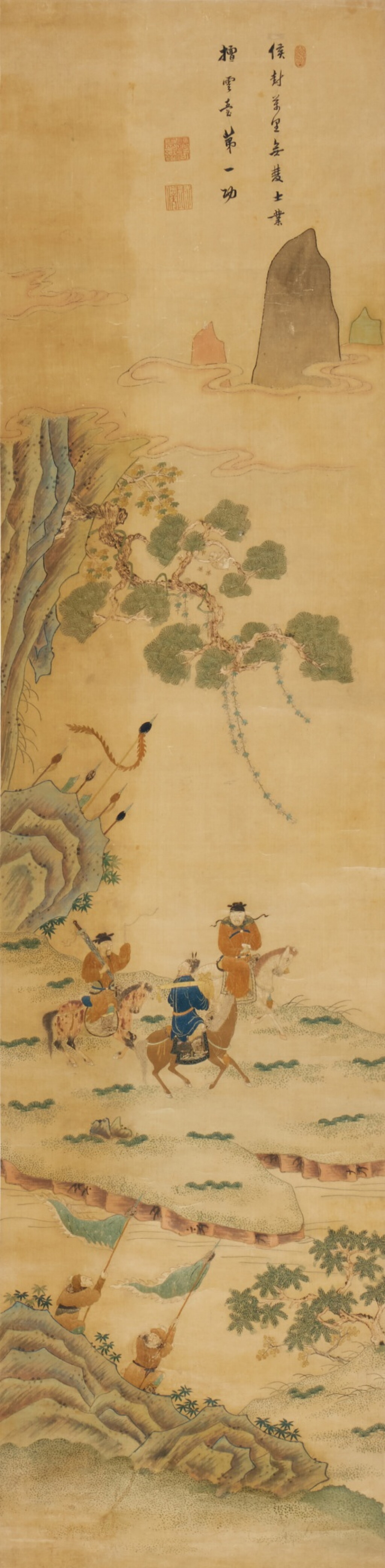 View full screen - View 1 of Lot 625. A Gu-style painted and embroidered silk 'figural' panel, 17th century | 十七世紀 露香園顧秀封侯圖.