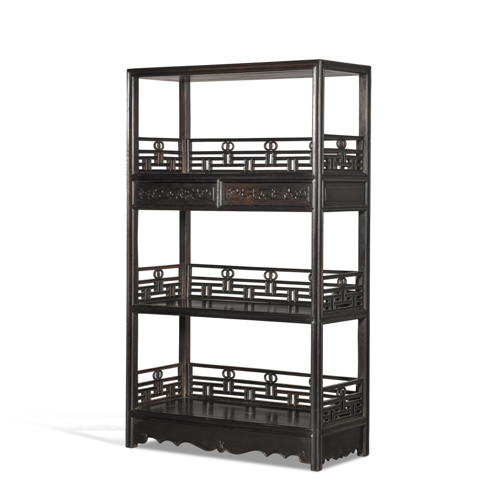 View full screen - View 1 of Lot 235. A zitan three-shelf bookcase, Shujia, Early Qing dynasty | 清初 紫檀三層帶抽屜大書架.