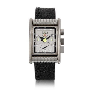 View full screen - View 1 of Lot 458. BOLIDO CHRONO LIMITED EDITION STAINLESS STEEL RECTANGULAR ANNUAL CALENDAR CHRONOGRAPH WRISTWATCH WITH MOON PHASES, CIRCA 2001.