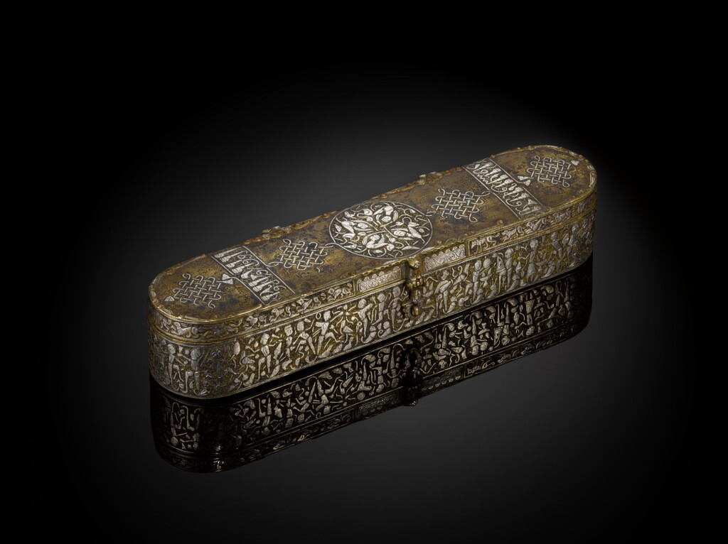 View full screen - View 1 of Lot 91. A fine Khurasan silver-inlaid brass penbox, Persia, circa 1200.
