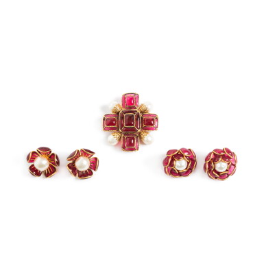View full screen - View 1 of Lot 613. Frances Patiky Stein's Collection: One Red Brooch and Two Pairs of Matching Earrings, Circa 1980.