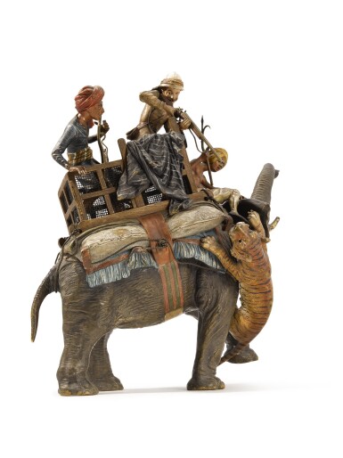View full screen - View 1 of Lot 230. AN AUSTRIAN COLD-PAINTED BRONZE OF A TIGER HUNT, FRANZ BERGMAN, VIENNA, CIRCA 1910.