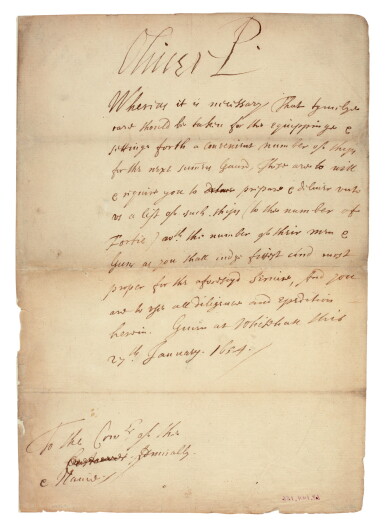 View full screen - View 1 of Lot 30. CROMWELL | letter signed, addressed to the Commissioners of Admiralty and Navy, 1654/55.