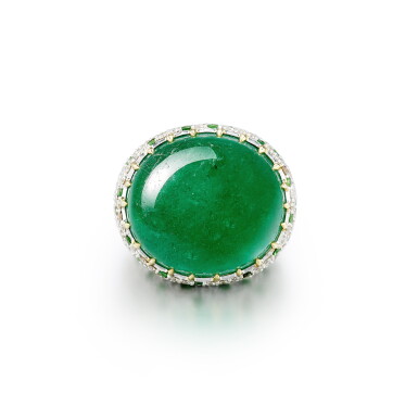 View full screen - View 1 of Lot 2873. Emerald, Diamond and Tsavorite Garnet Ring | 51.66克拉 祖母綠 配 鑽石 及 沙弗莱石 戒指.