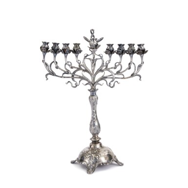View full screen - View 1 of Lot 61. A German Silver-Plated Art Nouveau Hannukah Lamp, Württembergische Metallwarenfabrik (WMF), Circa 1900.