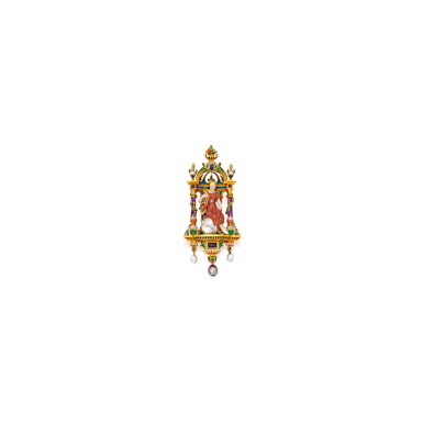 View full screen - View 1 of Lot 494. GOLD, ENAMEL, DIAMOND AND GEM-SET PENDANT-BROOCH, BOUCHERON, PARIS | 黃金配琺瑯彩、鑽石及寶石吊墜 / 別針,Boucheron.