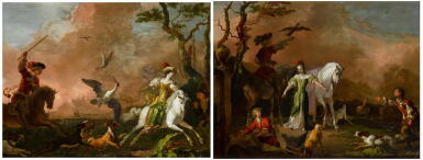View full screen - View 1 of Lot 27. ABRAHAM DANIELSZ. HONDIUS | An elegant party hunting heron; and An elegant hawking party at rest.