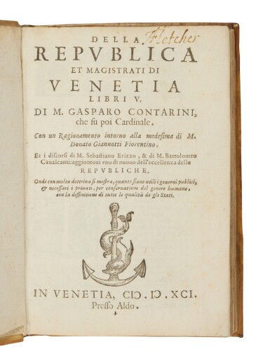 View full screen - View 1 of Lot 386. Contarini, Della republica di Venetia, Venice, Aldus, 1591, vellum, Fletcher of Saltoun copy.