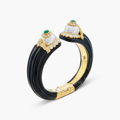 View full screen - View 1 of Lot 284. Onyx, Cultured Pearl, Emerald and Diamond Cuff-Bracelet.