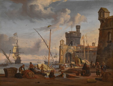View full screen - View 1 of Lot 628. A Mediterranean habour with figures on a quayside.