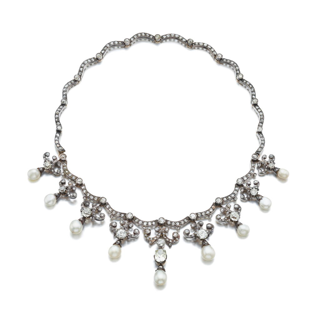 View full screen - View 1 of Lot 1164. Natural pearl and diamond necklace, late 19th century.