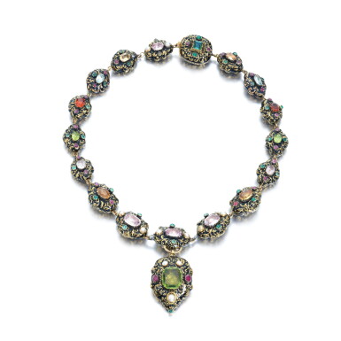 View full screen - View 1 of Lot 869. Gem set, enamel and seed pearl necklace, 1830s.