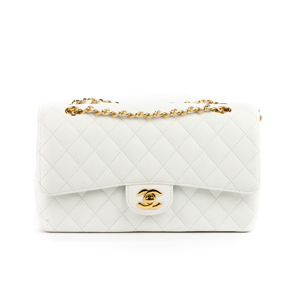 View full screen - View 1 of Lot 70. White Classic Double Flap 26 in Caviar Quilted Leather with Gold Hardware, 1991-1994.