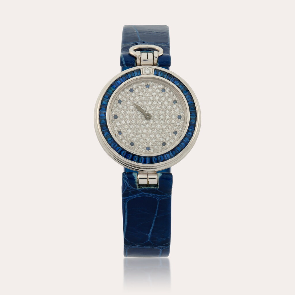 Voir en plein écran - Voir 1 du lot 285. Philosophe | A unique white gold, diamond and sapphire-set one-hand wristwatch | Circa 1996.
