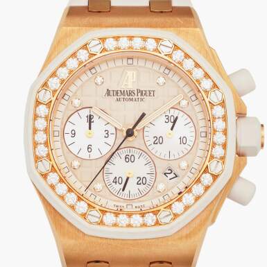 View full screen - View of Reference 26048OK.ZZ.D010CA.01 Royal Oak Offshore | A pink gold and diamond-set automatic chronograph wristwatch with date and mother-of-pearl subdials, Circa 2016.