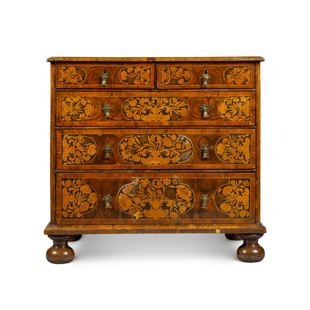 View full screen - View 1 of Lot 154. A William and Mary inlaid walnut chest of drawers, early 18th century.