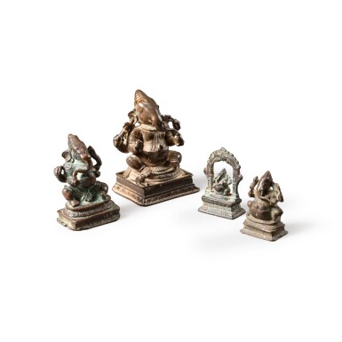 View full screen - View 1 of Lot 90. A group of four small copper-alloy figures of Ganesha South India, circa 17th century | 印度南 約十七世紀 合金銅象頭神像一組四尊.
