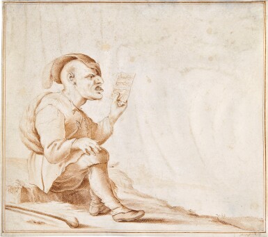 View full screen - View 1 of Lot 74. A man seated on a grassy bank, singing, holding a song sheet (the Sense of Hearing).